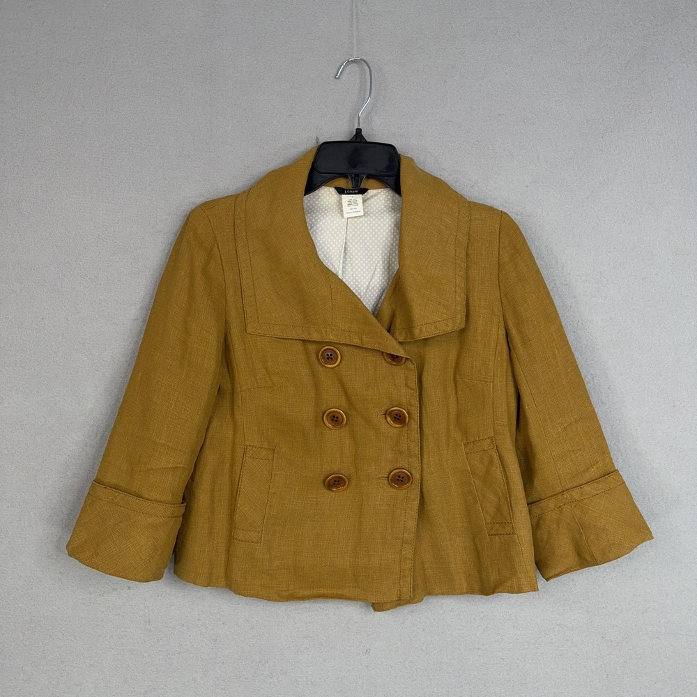 J.Crew Blazer Womens 4 Yellow Linen Double Breasted Cropped Pea Coat Jacket